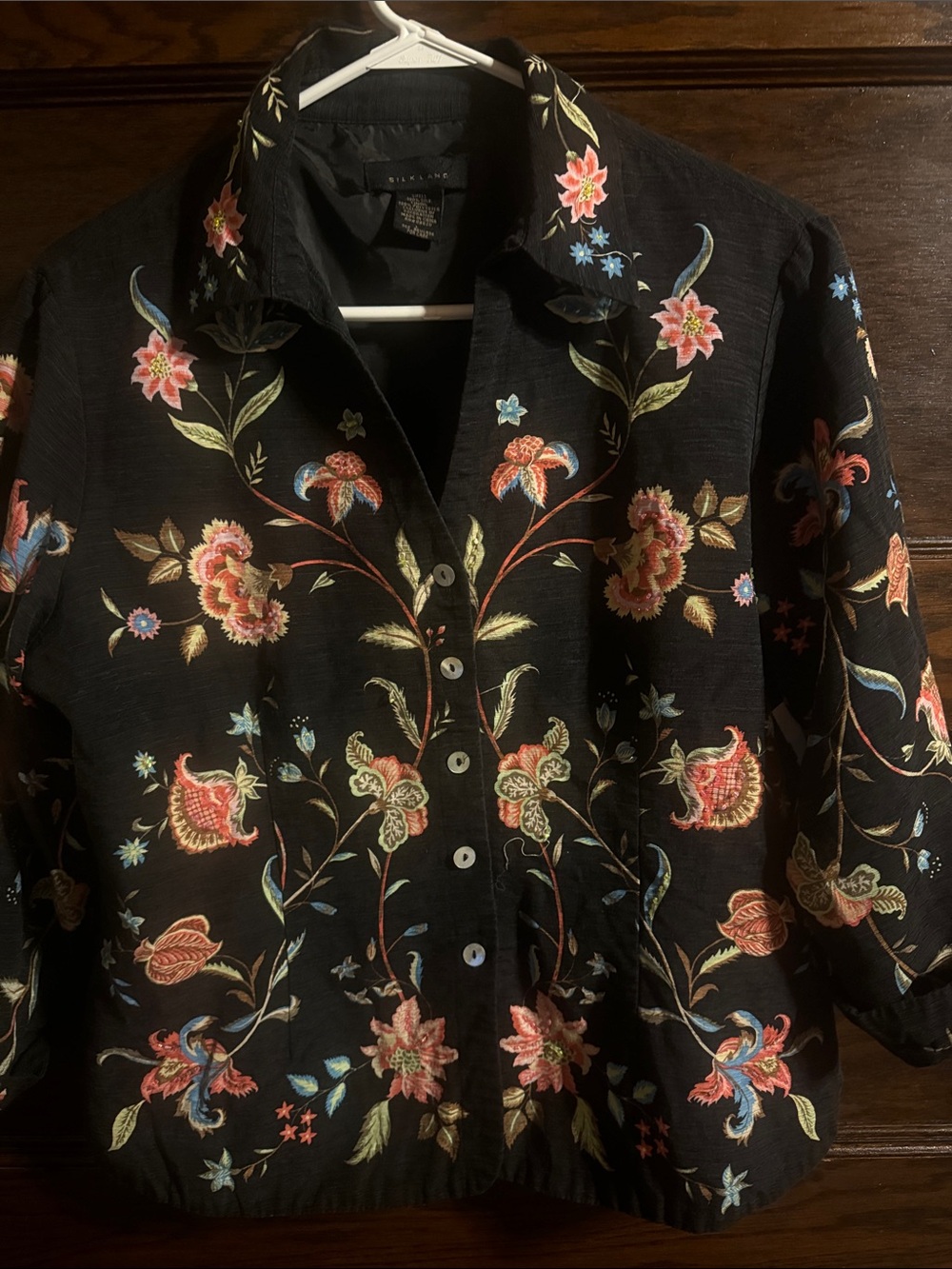 SilkLand Black Button-Down Top with Multicolor Floral Embroidery